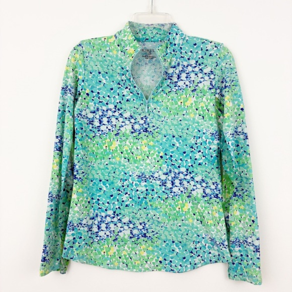 ICIKULS‎ Long Sleeve Mock Neck Quarter Zip Top Size S Green Blue Abstract